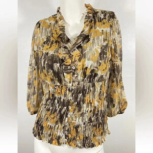 Cato 3/4 Sleeve button down ruffle front top shirt blouse lined lace Sz M